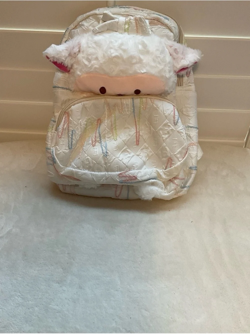 Plush Lamb Kids Backpack - White with Pastel Accents